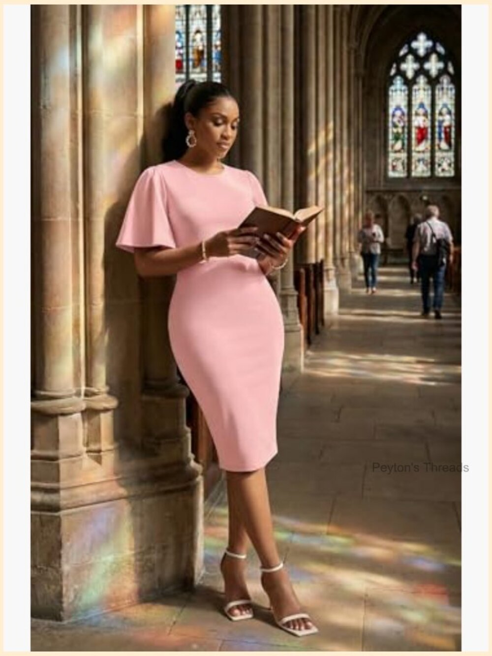 Bodycon Midi Dress with Flared Short Sleeves for Work Wedding Guest Business - Picture 4 of 7